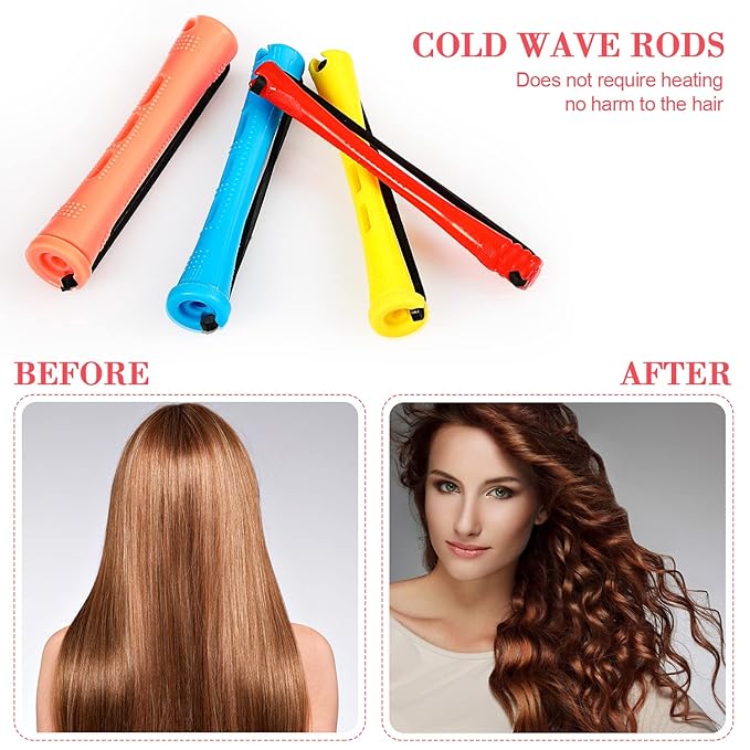 48 Pieces Hair Perm Rods Short Cold Wave Rods Plastic Perming Irons Hair Curling Rollers Curlers with Steel Pintail Comb Rat Tail Comb for Hairdressing Styling Supplies(Assorted Sizes,Multicolored)