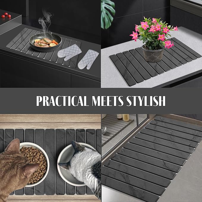 Large Stone Dish Drying Mat for Kitchen Counter, Quick Dry Dish Drying Mats, Foldable Absorbent Diatomaceous Earth Mats for Dishes Bottles Cup, Match Any Countertop (Gray Marble 28"×16" & 8"x4")