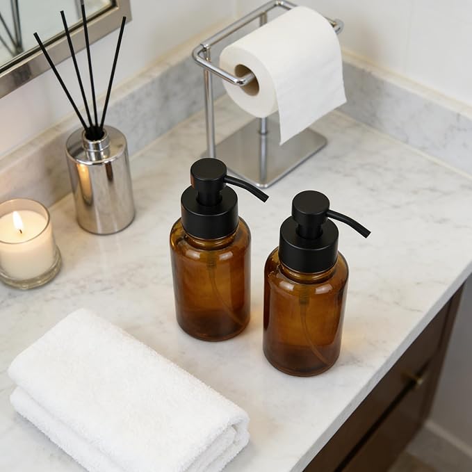 15 oz Amber-Tinted Thick Glass Foaming Soap Dispenser, Refillable Foaming Soap Dispenser with Black Rust-Proof Foam Pump, Suitable for Bathrooms and Kitchens (2, Amber)