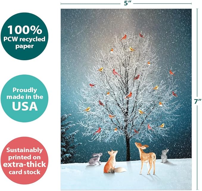 Tree-Free Greetings Holiday Greeting Card with Matching Envelope, Eco Friendly, Made in USA, 100% Recycled Paper, 5" x 7", Bird Tree (GO64228)