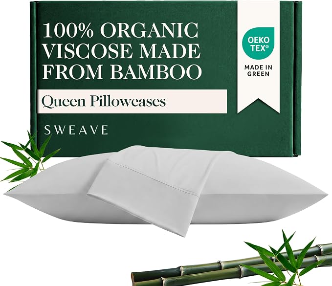 100% Organically Grown Bamboo Viscose Queen Pillowcases Set of 2, Cooling & Breathable, Silky Soft, Double-Stitched with 7-Inch Envelope Flap, Skin Friendly 2 Pcs, Light Grey