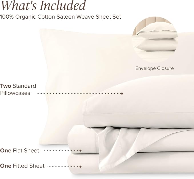 Bare Home 100% Organic Cotton Queen Sheet Set - 400 Thread Count - Smooth Sateen Weave - Breathable & Cooling - Hotel Luxury Set - Deep Pocket Bed Sheets (Queen, Cream)
