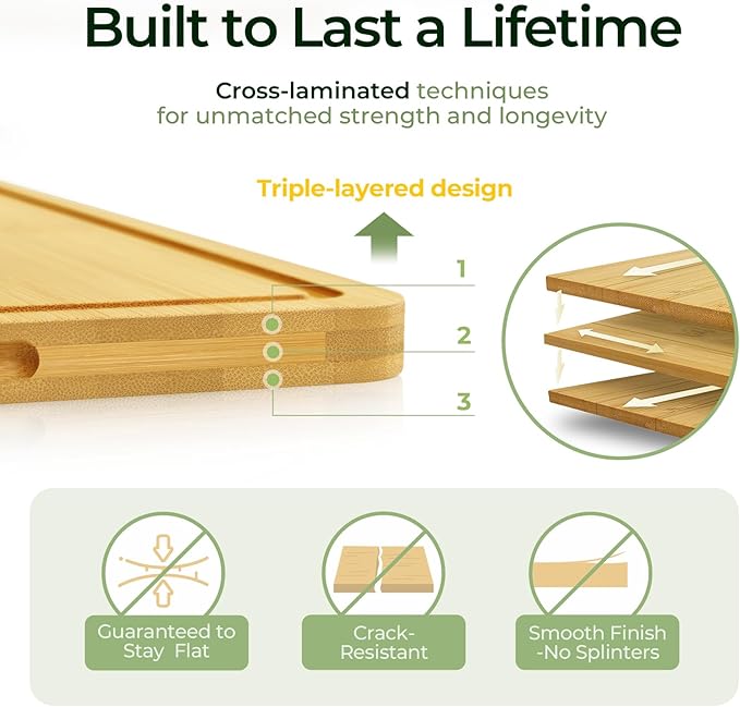 Keechee Wood Cutting Board for Kitchen - Reversible Bamboo Cutting Boards Gift Set of 3 with Juice Groove, Wooden Chopping Board for Meat, Fruit, Vegetables & Cheese (Pre Oiled, Natural)