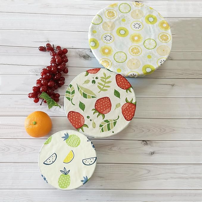 3 Pieces Beewax Bowl Covers Reusable Cloth Fabric Elastic Food Storage Cotton Bread Lids for Food, Fruits, Leftover Kitchen Container