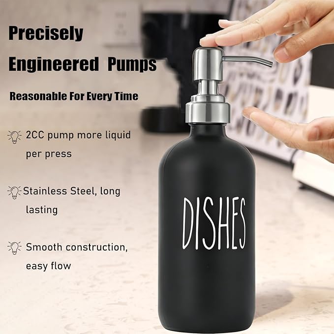 Black Glass Soap Dispenser with Stainless Steel Pump, Farmhouse Style Hand & Dish Soap Dispenser for Bathroom and Kitchen Sink, Soap Dispenser for Kitchen Sink (Black d)