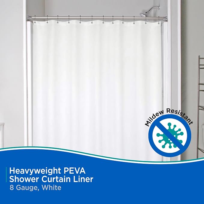 Kenney KN61450 Heavyweight 8 Gauge Waterproof PEVA Shower Curtain Liner with Rust-Resistant Metal Grommets and Weighted Magnetic Hem for Bathroom, 70" W x 72" H, White
