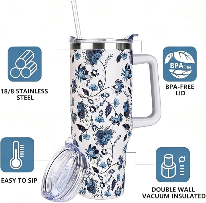 SYACOT 40 oz Tumbler with Handle and Straw Stainless Steel Insulated Tumbler Leak Proof Lid and Straw Lid Reusable Travel Mug Coffee Mug Cup Dishwasher Safe Keep Drinks Cold and Hot (Ceramics)