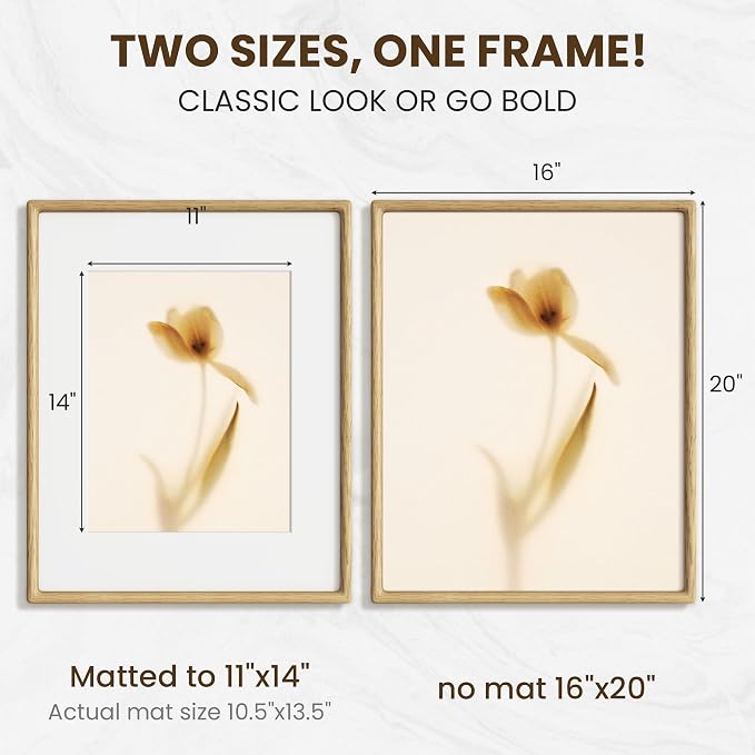 16x20 Picture Frame, USA-Sourced Oak Wood Frame Wall Mounted, 16x20 Poster Frame with Real Glass, 16 x 20 Picture Frame Matted to 11x14 Photo for Vertical & Horizontal Hanging, 1 Pack
