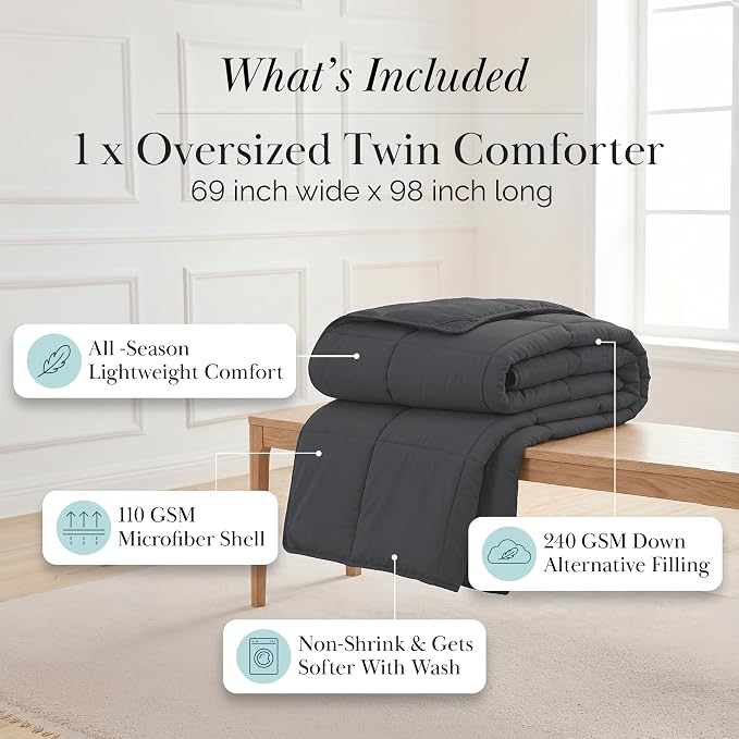 Southshore Fine Living, Inc. Hotel Quality Dorm Room Bedding Twin XL Comforter, Soft and Cozy Twin XL Bedding, Machine Washable Down Alternative Comforter, Dorm Room Comforters, Slate Grey Comforters
