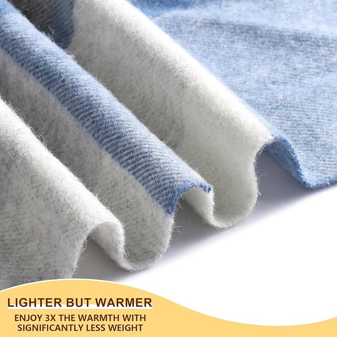 Woolly Throw Pure Wool Blanket - Large 55x83 inches, 1.5 lbs,Wool Fringed Knee Throw Blanket for Couch Bed Outdoor Travel,Soft Lightweight Breathable Blanket for All Season,Blue Check