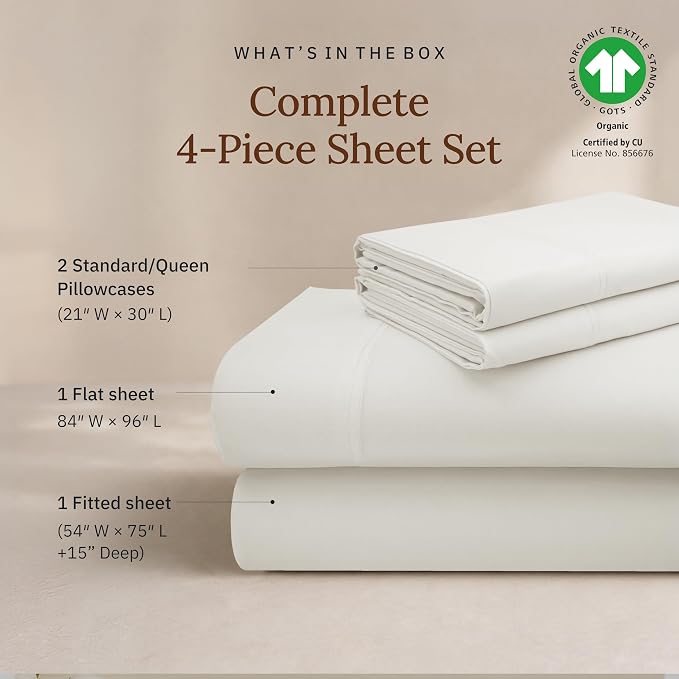 California Design Den Full Size Sheets Set - 100% Organic Cotton Sheets, Soft and Lightweight Sateen, Deep Pockets, Durable Bedding - Soft Cream