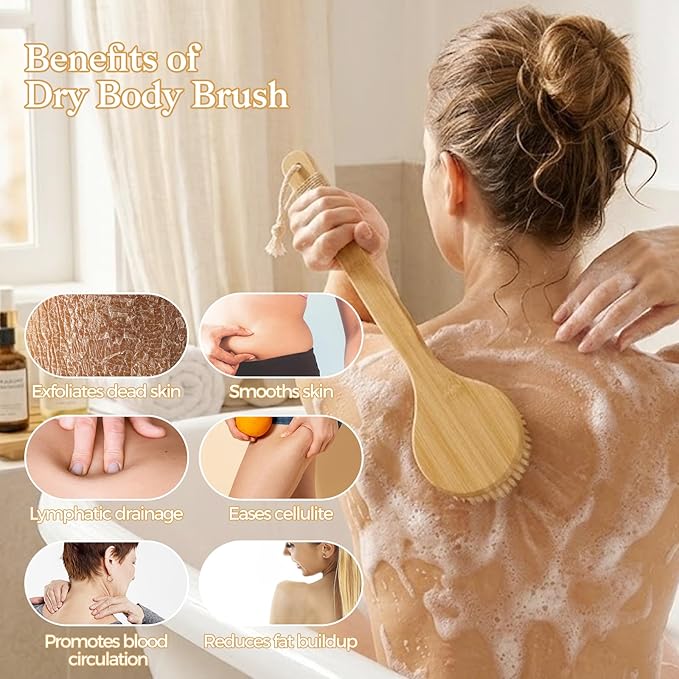 5 Packs Dry Brushing Body Brush Set for Lymphatic Drainage, Cellulite Massager and Scalp Care, Long Handle Dry Brush for Body, Natural Boar Bristle Body Brush Exfoliator