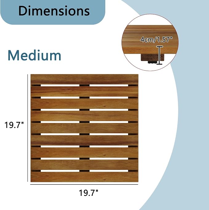 19.7"x19.7"Solid Acacia Wood Shower Mat, Non Slip Wooden Bath Mat, Indoor Outdoor Entryway Door Mat Multi-Purpose Plant Stand for Shower Bathtub Pool Spa Garden (Medium)