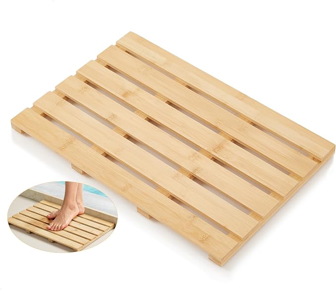 Bamboo Bath Mat, Non-Slip Waterproof Shower Mat with Rubber Feet Luxury Spa-Grade Wooden Floor Mat for Bathroom, Bathtub, Sauna, Indoor & Outdoor Use