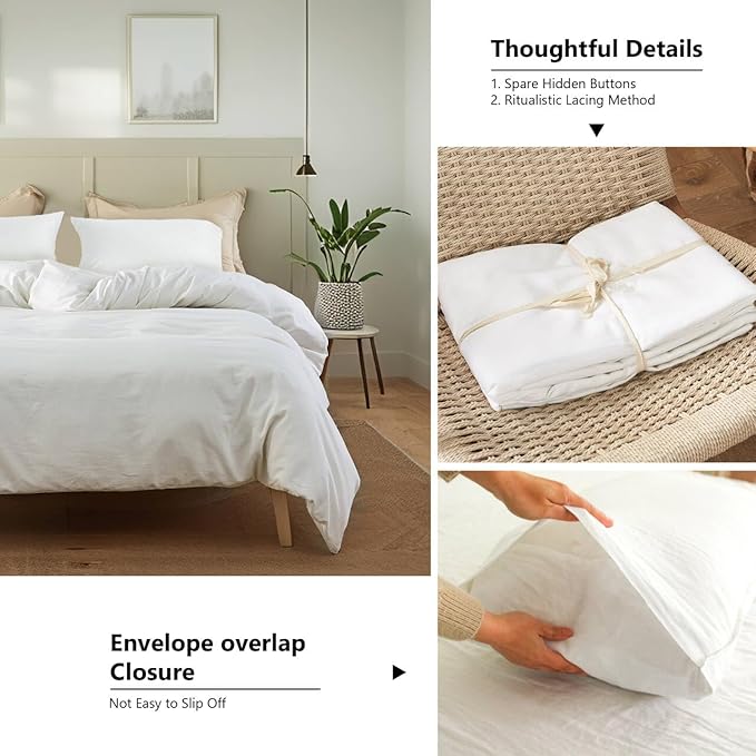 FALUCA French Linen Blend Duvet Cover Set 3Pcs Queen (88"x92") - Soft, Breathable, Cooling Farmhouse Bedding for Summer Hot Sleeper (Queen, White)