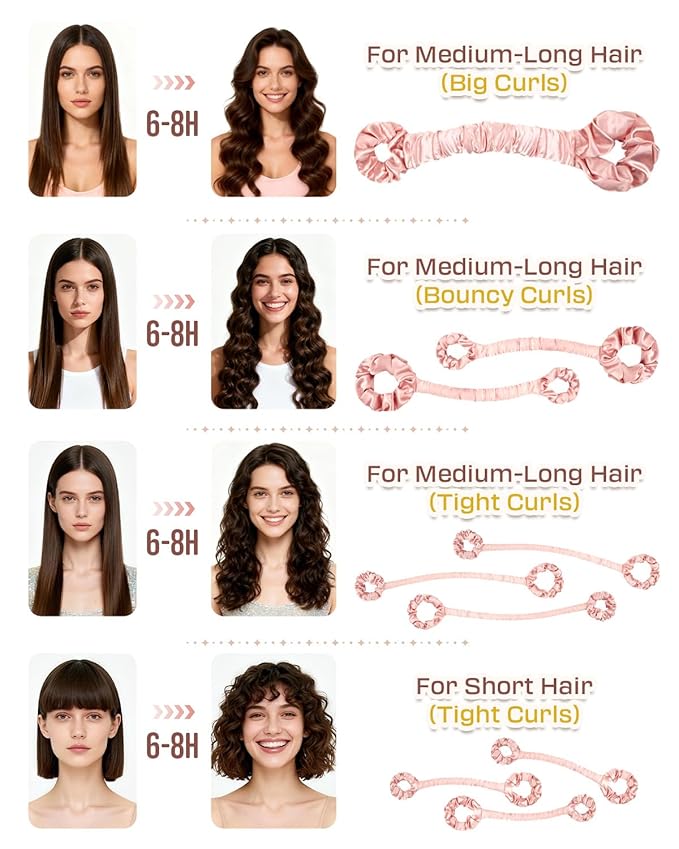 BONNET QUEEN Multi-function Satin Heatless Hair Curler & Hair Tie Non-Heating Hair Roller Curling Rod with Scrunchie, Large, Cream Pink(For Big Curls)