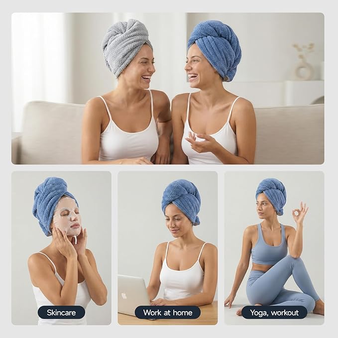 REDKISS Microfiber Hair Towel Wrap for Women, Double Sided Hair Towels with Elastic Strap, Super Absorbent Quick Dry Hair Drying Towel for Long, Thick, Curly Hair, Anti-Frizz Turban (Blue & Gray)