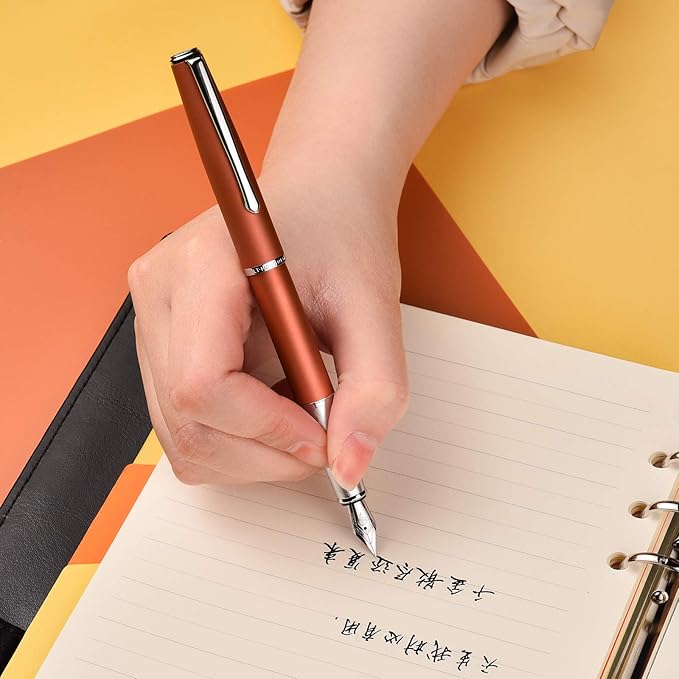 Hongdian 920 Orange Metal Fountain Pen Medium Nib Classic Pen, Includes Refillable Converter and Pen Pouch