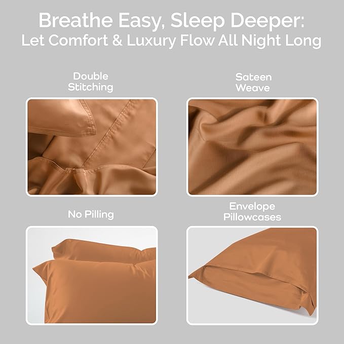 Pillow Cases Queen Size Set of 2 Pillowcases 100% Viscose from Bamboo Cooling Pillowcases, Soft & Breathable Pillow Case with Envelope Closure, Tan Pillow Cases (Almond)