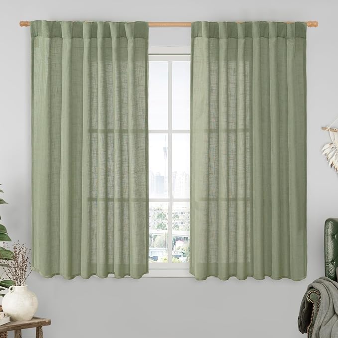 LAMIT Linen Semi Sheer Curtains 48 Inch for Bedroom, Light Filtering Neutral Window Curtains Farmhouse Boho Back Tab and Rod Pocket Panels, Sage Green, 2 Panels, 52 x 48 Inch