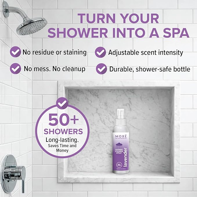 MOXĒ Shower Steamer Spray Lavender Essential Oil Shower Spray – Relaxing Aromatherapy Mist for Home Spa Experience – Pure Plant Based Fragrance for Daily Routine – 1 Pack, 2oz
