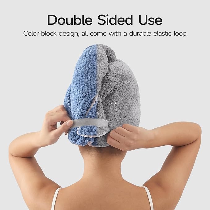REDKISS Microfiber Hair Towel Wrap for Women, Double Sided Hair Towels with Elastic Strap, Super Absorbent Quick Dry Hair Drying Towel for Long, Thick, Curly Hair, Anti-Frizz Turban (Blue & Gray)