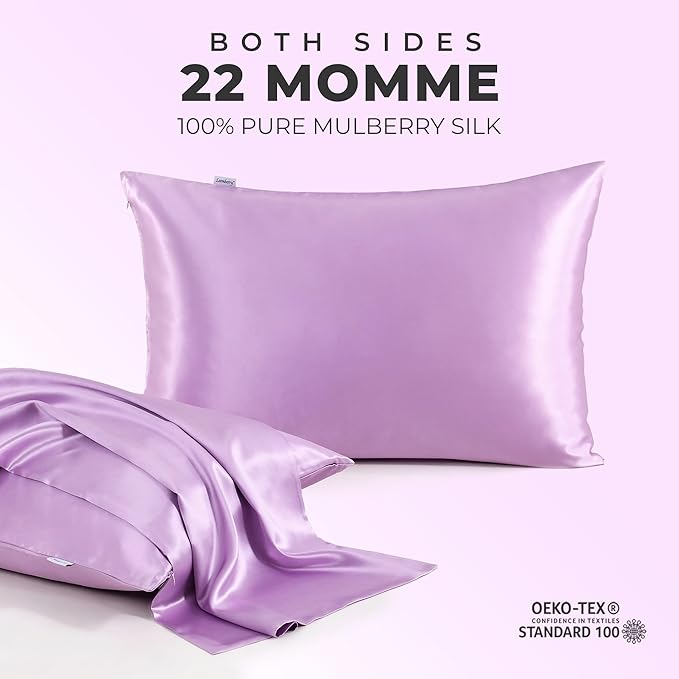 100% Pure Mulberry Silk Pillowcase for Hair and Skin, 6A Grade 22 Momme Silk Pillow Cases with Zipper, Soft Cooling Washable Both Sided Silk Pillow Cover (Lavender, King 20''x36’’)