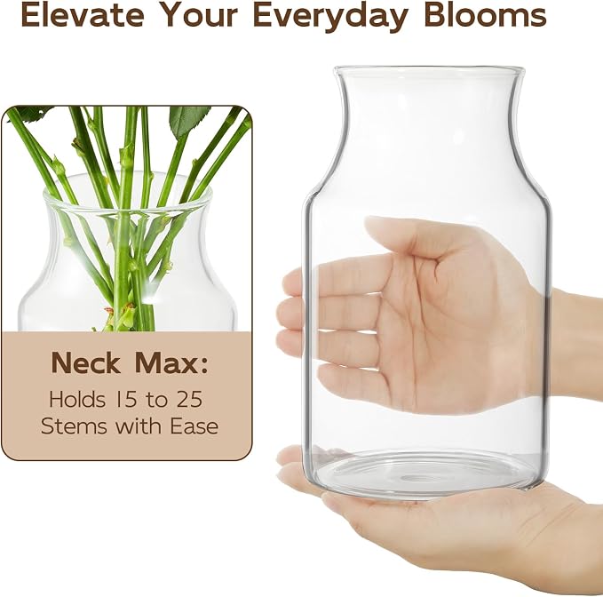 Clear Glass Vase, 8 inch Glass Flower Vase for Plants, Small Vase for Vases for Centerpiece, Home, Wedding, Living Room, Dining Table