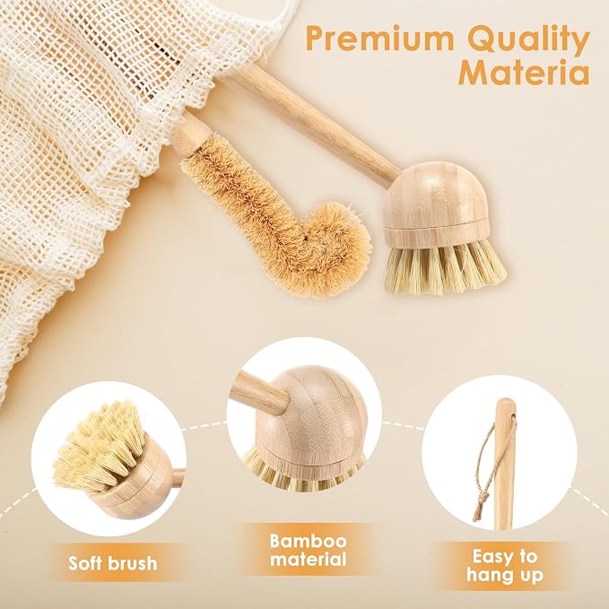 Bamboo Dish Brush Set of 3, Dish Brush Natural Bamboo Dish Scrub Brush Set with Handle, Wooden Dish Scrubber Kitchen Brush Set with Natural Bristles for Kitchen Cleaning Dish, Bottle, Pots, Pans