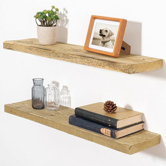 Fun Memories 30 Inch Reclaimed Wood Floating Shelves for Wall, 8 Inch Deep Rustic Farmhouse Wall Mounted Shelf with Invisible Brackets for Coffee Bar, Kitchen & Living Room, Natural