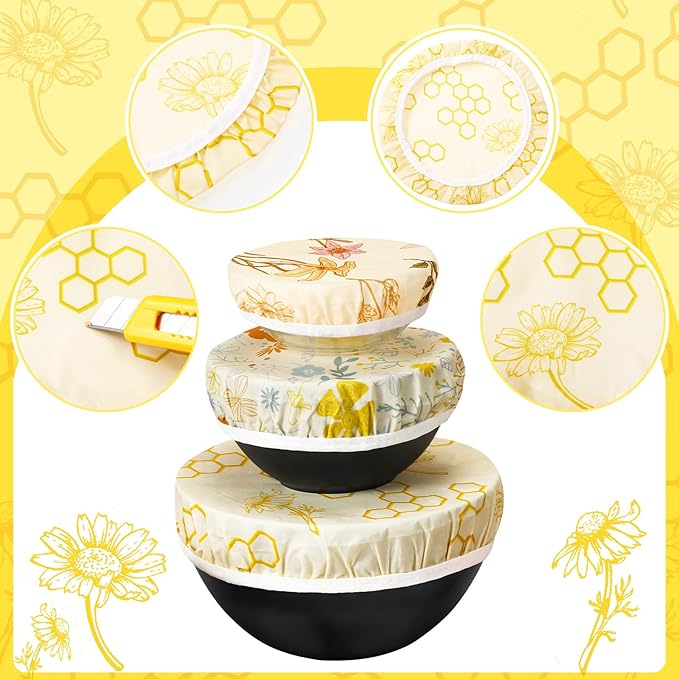 6 Pcs Reusable Beeswax Bowl Covers for Bread Proofing 6/8/10 Inch Elastic Cotton Bowl Cover 3 Pattern Cloth Food Wrap Bread Proofing Cap for Mixer Container Baskets