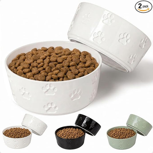 Ceramic Dog Bowl Set of 2 with Anti-Skid Base - 6.5" Wide x 2.5" Tall Ceramic Dog Bowls Medium Sized Dogs - 3.8 Cup Capacity Food and Water Bowls for Dogs - Rubber Bottom Pet Bowl Set of 2 Medium Size