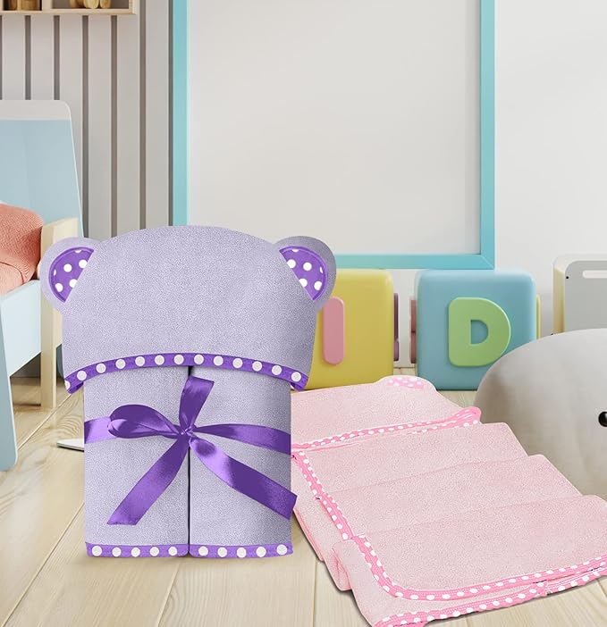Set of 2 Hooded Baby Towels – Purple and Pink – Luxurious, Large and Super Absorbent – 30 x 30 Inch – Soft and Suitable for Infants, Toddlers and Kids – 400 GSM