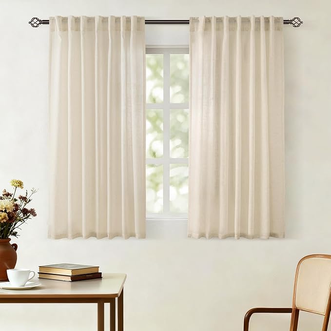 Faux Linen Beige Curtains 54 inches Long for Living Room Rustic Farmhouse Linen Drapes Semi Sheer Burlap Textured Canvas Cloth Curtain Panels Set of 2 Kahki Tan Colored