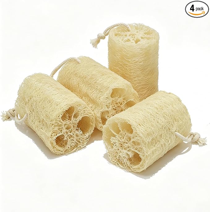 Natural Loofah Exfoliating Body Sponge Scrubber, Plant-Based Organic Loofa Luffa for Men & Women Skin Care Bath Shower Cleaning Back & Fac, Natural Sponges for Dishes (4", 4Pack)