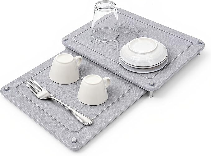 2Pcs Nesting Stone Dish Drying Mat - Diatomaceous Earth Fast Dry Kitchen Counter Mat, Non-Slip Heat-Resistant Drying Stone For Kitchen/Bathroom/Outdoor/Pet Bowls - Light Gray