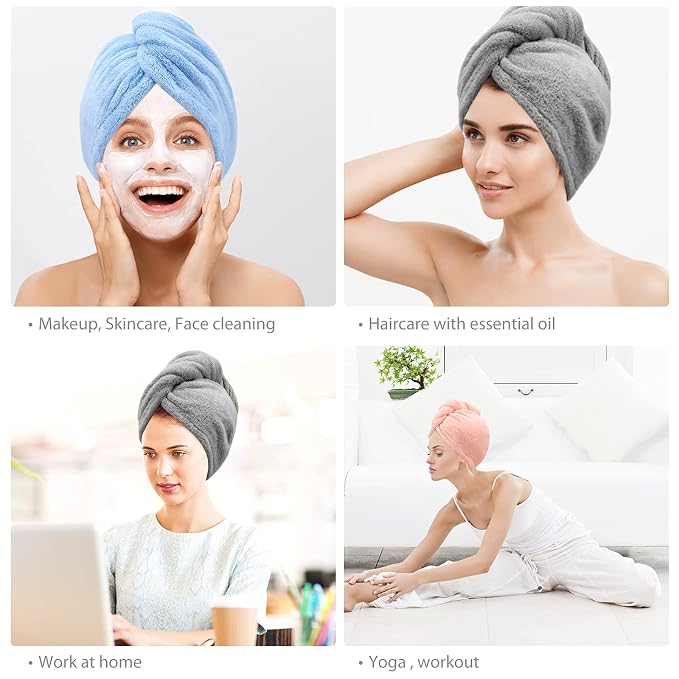Microfiber Hair Towel, 3 Packs Hair Turbans for Women, Men,Kids, Quick Dry Hair Wrap Towels for Curly,Long, Curly Hair Anti Frizz (Gray+Pink+Blue)