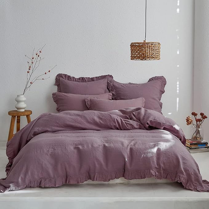 100% French Linen Euro Shams with Ruffles - Set of 2 - Washed Solid Color Natural Flax Soft Breathable Pillow Covers - Purple, 26'' x 26''
