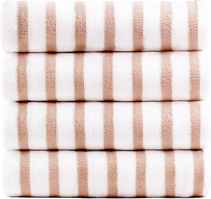 JML Microfiber Beach Towels Set of 4, 30" x 60", Cabana Stripe, Soft Absorbent, Quick Dry Bath Towel for Salon, Hotel, Travel, Sport, Summer Swimming Pool Party, Yoga, Camping, Coffee