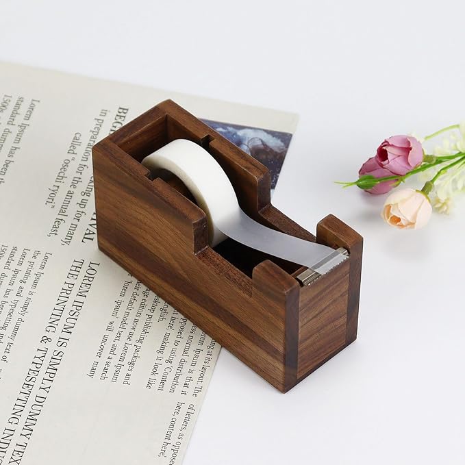 Buqoo Walnut Wood Tape Dispenser with Built-in Pen Holder – All-in-One Desk Organizer for Office/Home School