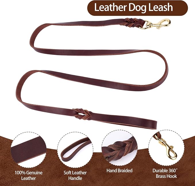 Leather Dog Collar and Leash Set, 6FT Heavy Duty Leather Training Leash with Adjustable Dog Collar, Soft and Durable Dogs Leashes and Collars Set for Small Medium Large Dogs (Brown, M)