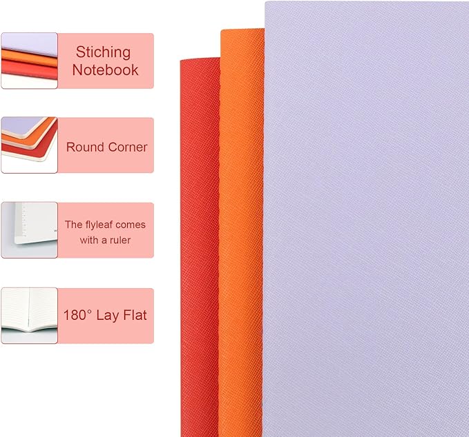 Notebook 3 Pack - 5 “x8”- Made of sustainable and excellent quality paper, simple, natural, portable and flexible design, suitable for office, school （light purple&orange&red）