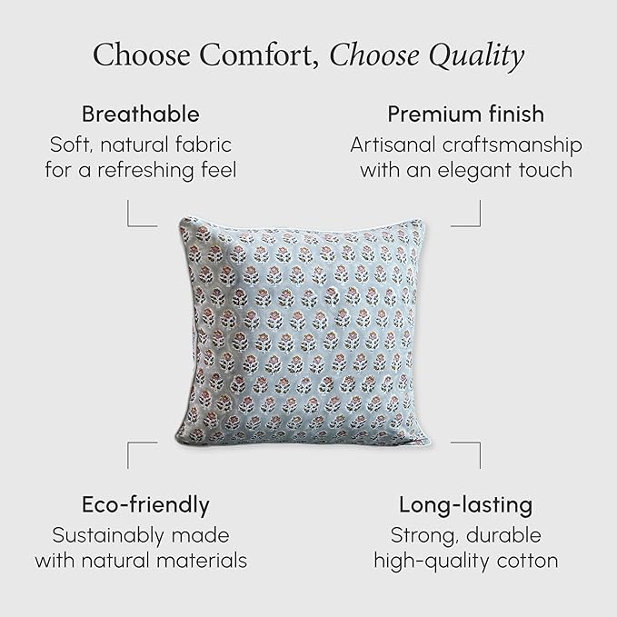 CPC 100% Cotton Throw Pillow Covers 20x20 Inch, Set of 2 Gray Block Print Pattern Couch Pillow, Cute Boho Decorative Pillows for Living Room, Bedroom with Hidden Zipper- Labra Gray