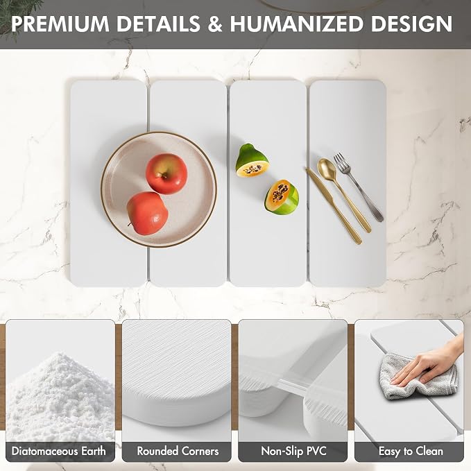 2-in-1 Stone Dish Drying Mat and Bamboo Dish Rack Combo, 24x16 Inch Super Absorbent Fast Dry Diatomaceous Earth Dish Drying Mat, Foldable Space Saver for Kitchen Counter Bathroom Apartment