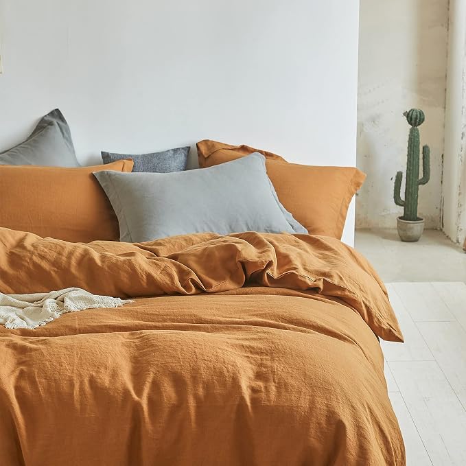 Simple&Opulence 100% Linen Duvet Cover Set 3pcs Basic Style Natural French Washed Flax Solid Color Soft Breathable Farmhouse Bedding with Button Closure - Rust, King