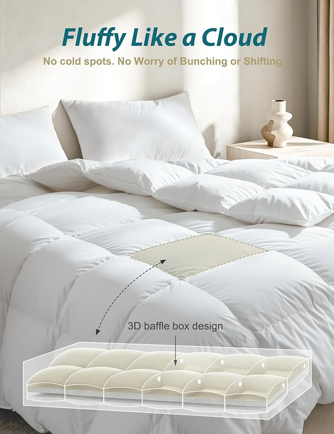 Cobnom® Luxury Organic Down Feather Comforter Oversized King, High Fill-Power Down Feather Fibers Duvet Insert with 100% Cotton Cover, Medium Warm for All-Season, Ivory White, 120x98 Inch