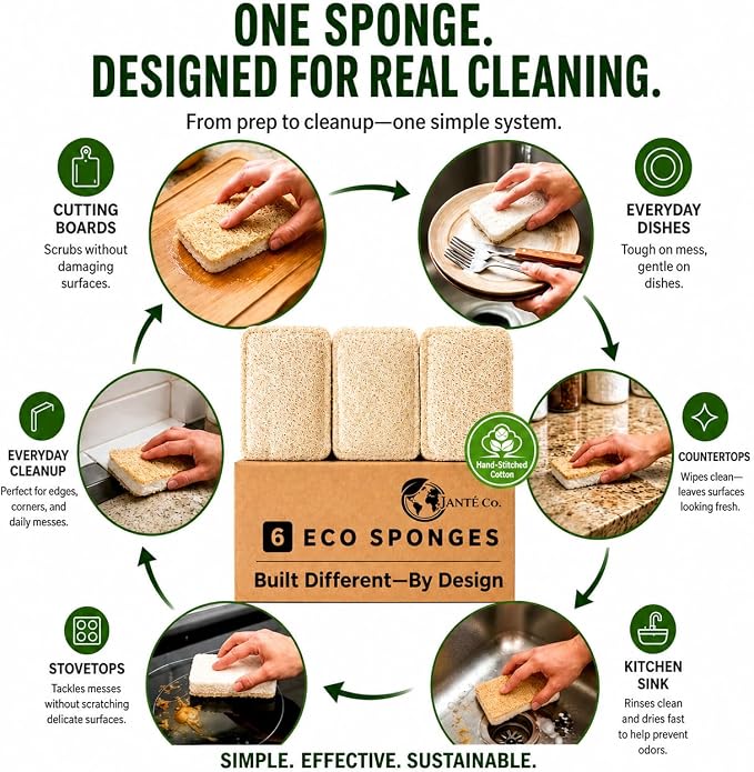 Natural Loofah Dish Sponges by Janté Co. (6-Pack) - Kitchen Sponges | Authentic Natural Loofah - Cotton Stitched - No Synthetic Glue - Air Dry Design - FSC Sourced Cellulose
