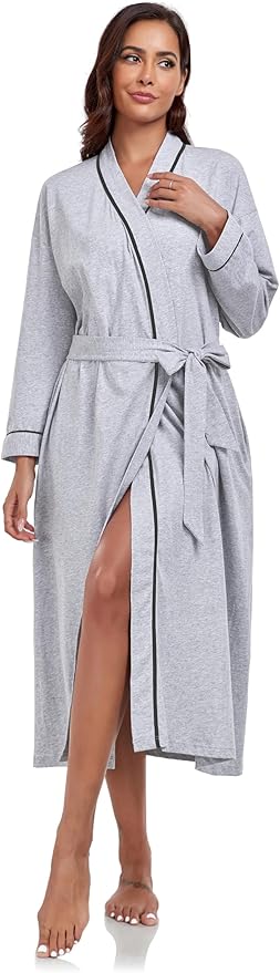 COLORFULLEAF 100% Cotton Women's Robes Summer Lightweight Kimono Soft Long Cotton Bathrobe for Women with Pockets