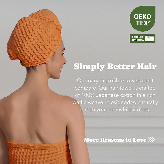 Luxury Organic Japanese Cotton Hair Drying Waffle Towel Wrap for Women | Absorbent, Quick-Dry Head Turban for Shower, Sauna, Spa | Extra Large for Long, Curly, Straight Hair With Button (Orange, 1 Pc)
