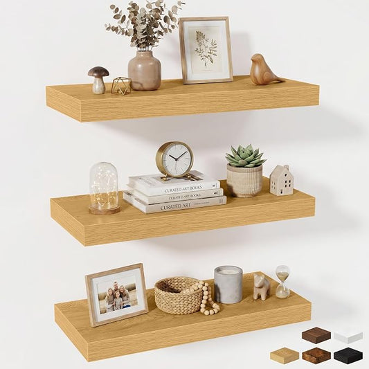 Fun Memories 24 x 10 Floating Shelves Wall-Mounted - Rustic Wood Shelf - 10 Inch Deep Floating Shelves for Wall - Large Storage Shelf for Bathroom - Kitchen & Bedroom - Oak - Set of 3